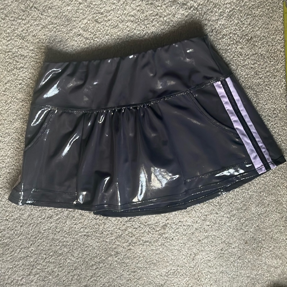 Lucky in love tennis skirt! Shiny gray with lavender stripes. Small! Adorable